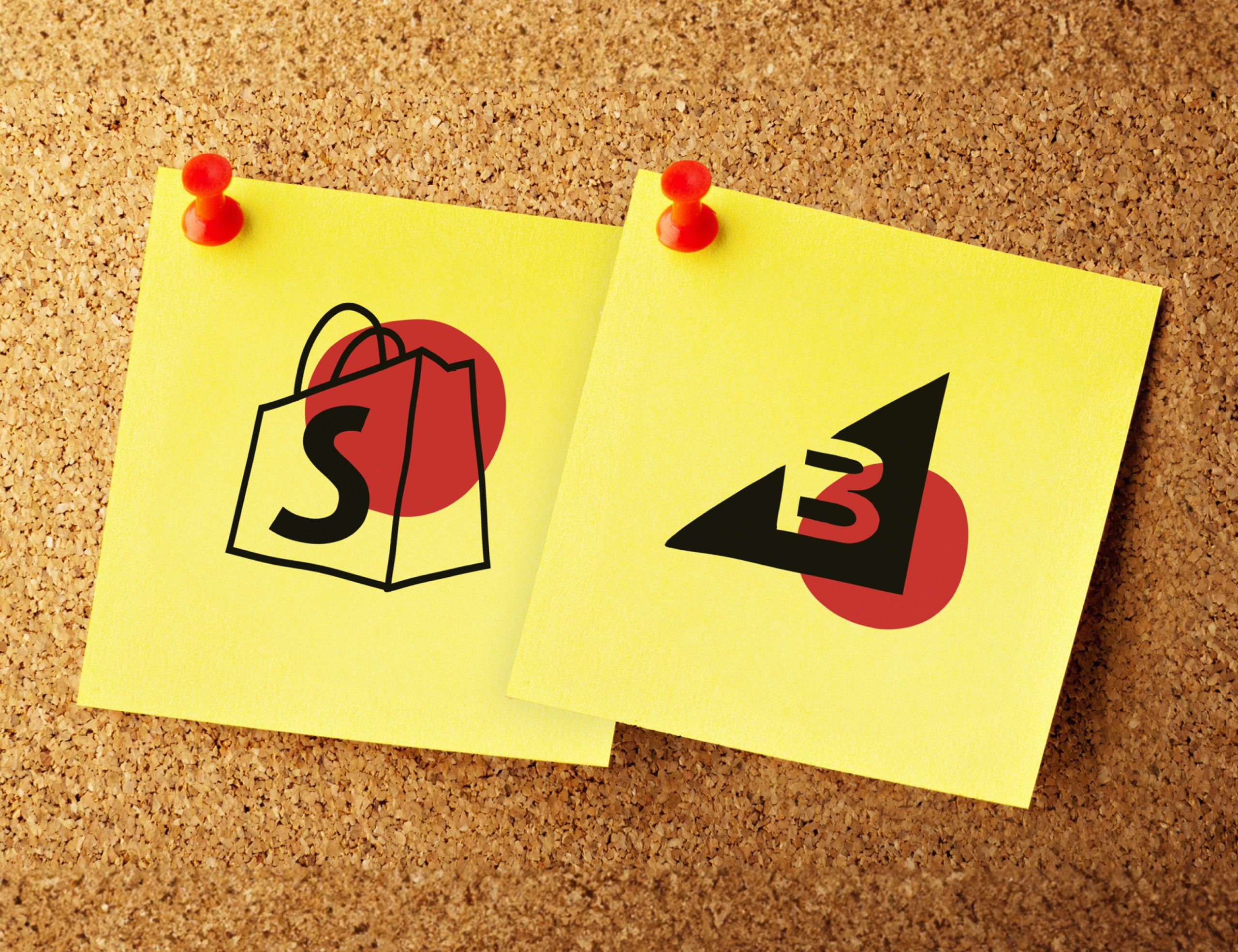 Image showing the BigCommerce and Shopify logos on post-it notes